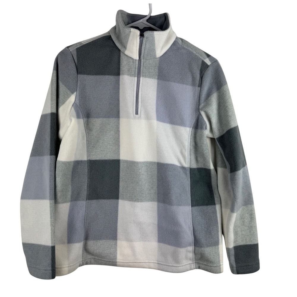 Lands End Fleece Pullover Women XS Grey Blue Buffalo Check 1/4 Zip Mock Neck